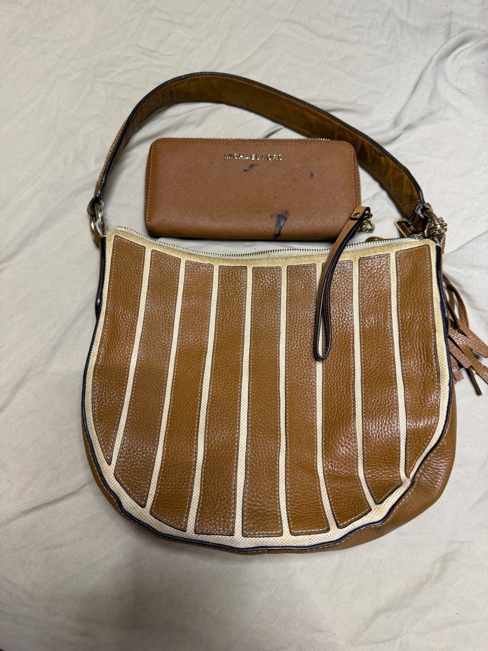Michael Kors Tan and Cream Leather Shoulder Bag